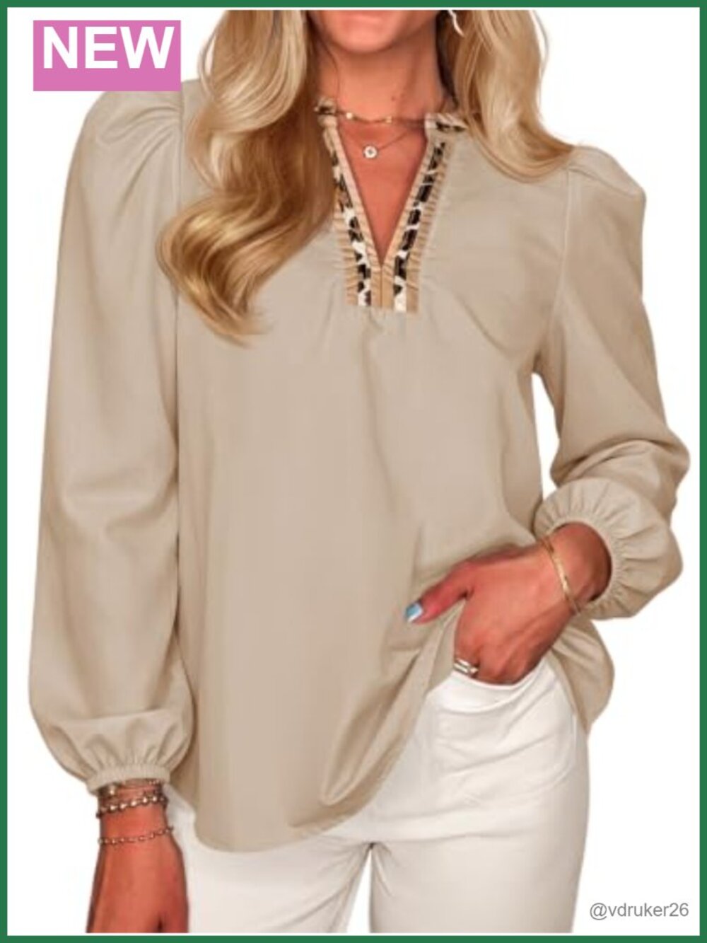 Puff Long Sleeve V Neck Blouse Leopard Trim Casual Top